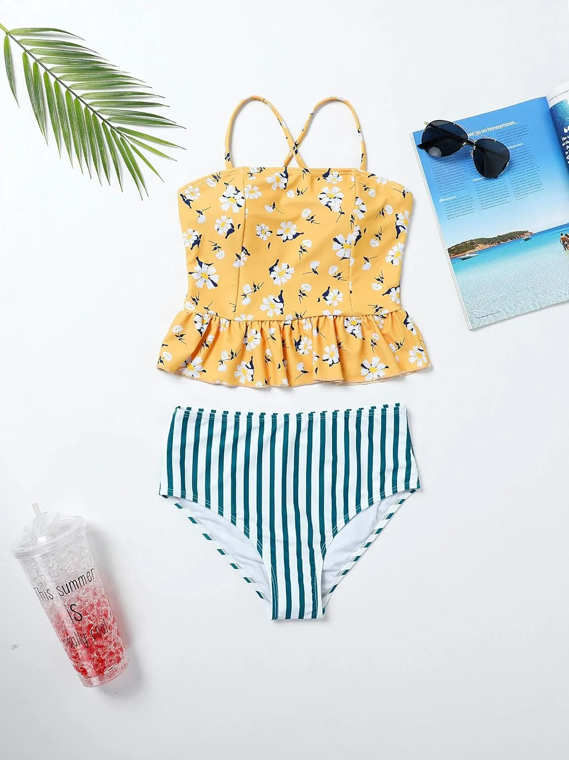 FERBIA Women Falbala Bikini Set Halter High Waisted Swimsuit 2 Piece Ruffle Tummy Control Peplum Spaghetti StrapTankini