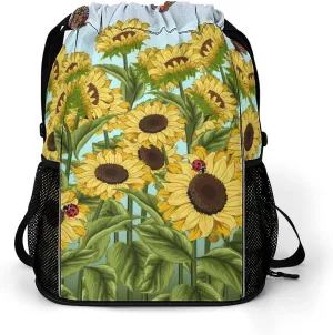 Field Sunflowers Butterflies Drawstring Gym Backpack Vintage Flowering Shrubs Sports Travel Daypack Sackpack Pockets String Cinch Bag for Men & Women