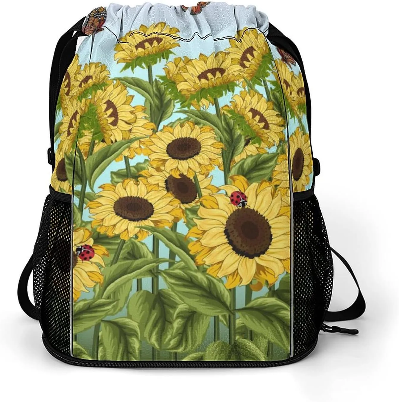 Field Sunflowers Butterflies Drawstring Gym Backpack Vintage Flowering Shrubs Sports Travel Daypack Sackpack Pockets String Cinch Bag for Men & Women