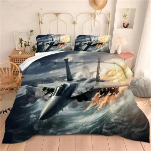 Fighter Aircraft Comforter Set Kids F-15 Eagle Flying on The Sea Surface Bedding Set Boys Girls Military Jet Print Decor Quilt Set, Twin Size, 1 Comforter 1 Pillowcase