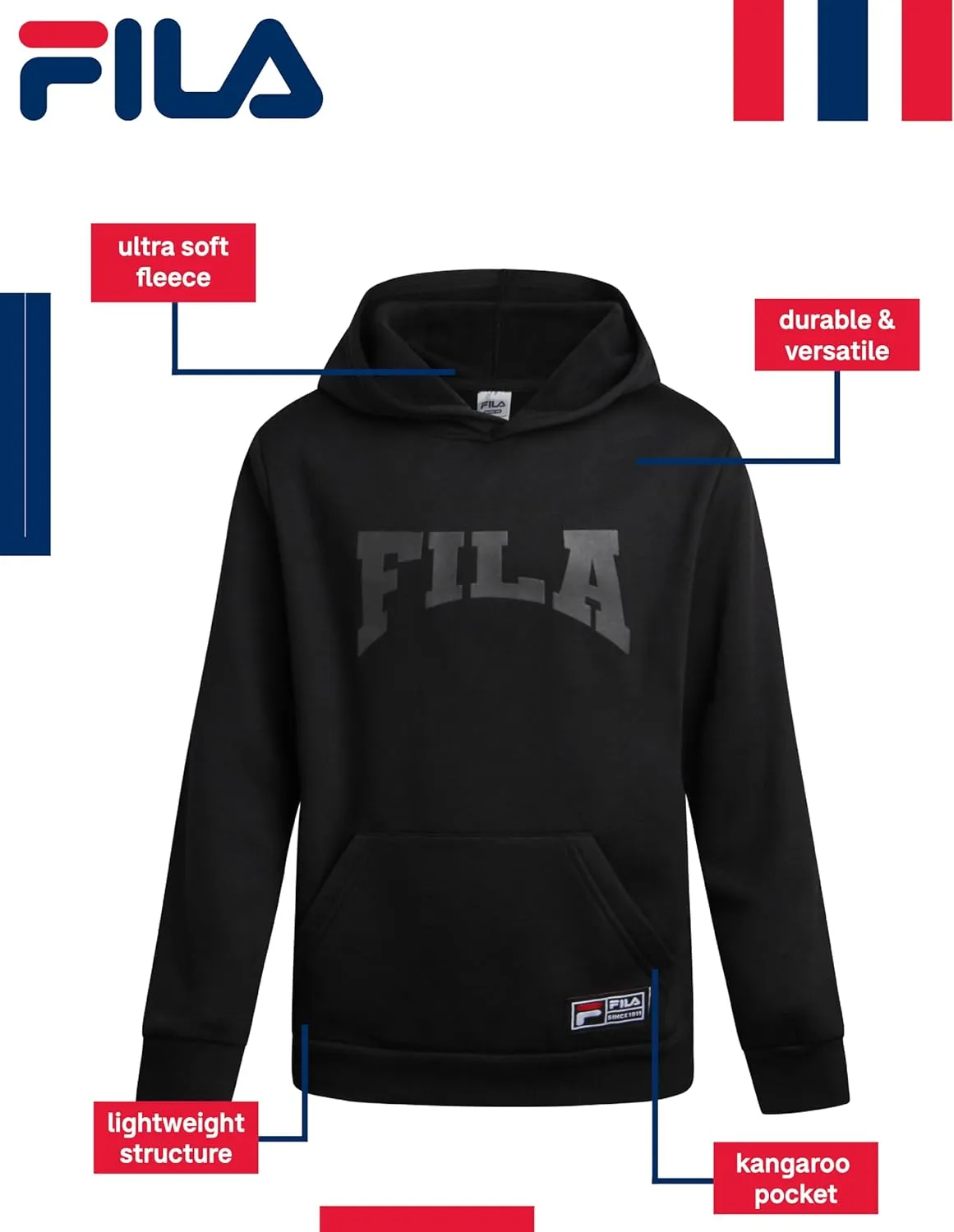Fila Boys' Sweatshirt - Lightweight Fleece Athletic Pullover Graphic Hoodie for Boys (Sizes: 8-20)