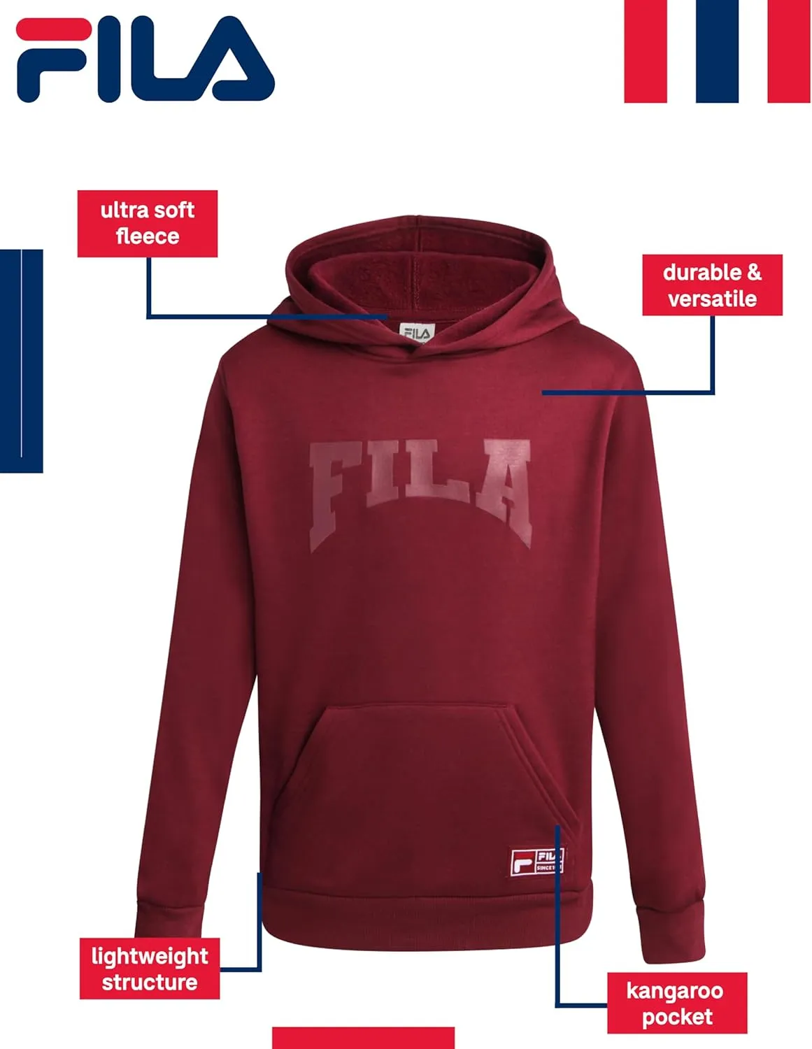 Fila Boys' Sweatshirt - Lightweight Fleece Athletic Pullover Graphic Hoodie for Boys (Sizes: 8-20)