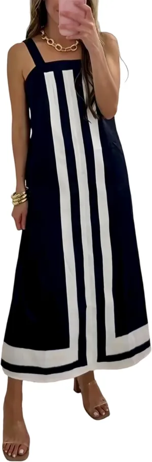 Fiona Jolin Womens Summer Maxi Dress Boho Striped Shoulder Strap Long Sundress Beach Cover Up Dress