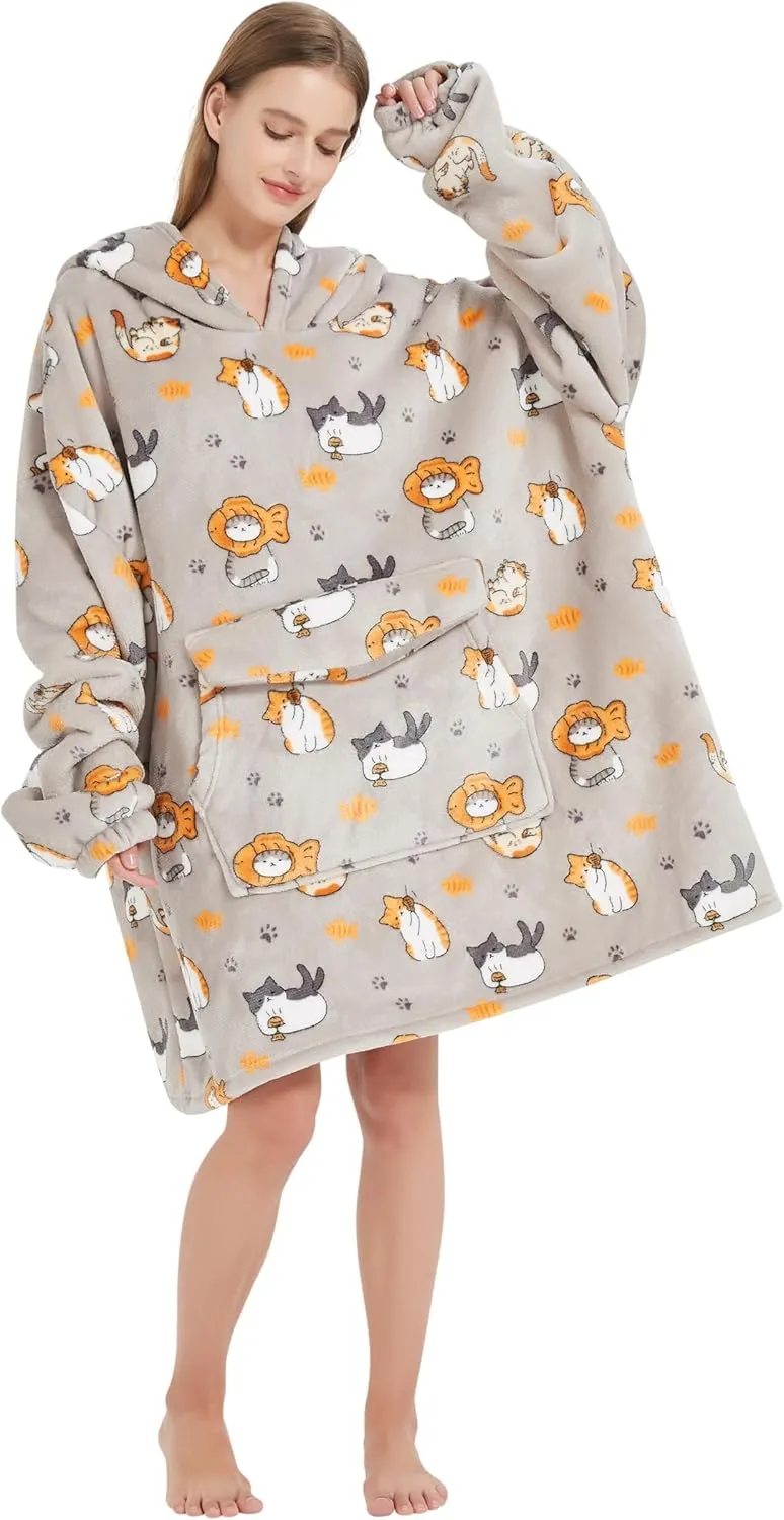 Fiosnow Cat Blanket Hoodies for Women and Men Adult Oversize Wearable Blanket Hoodies for Soft and Warm
