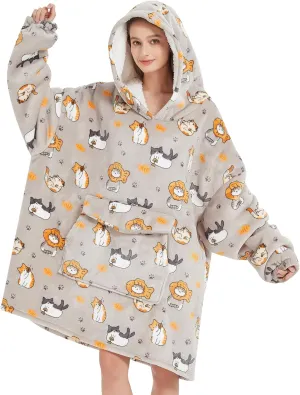 Fiosnow Cat Blanket Hoodies for Women and Men Adult Oversize Wearable Blanket Hoodies for Soft and Warm