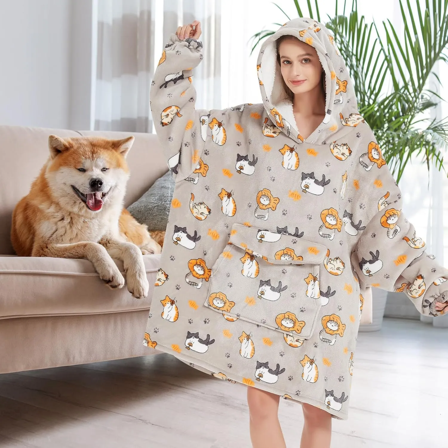 Fiosnow Cat Blanket Hoodies for Women and Men Adult Oversize Wearable Blanket Hoodies for Soft and Warm