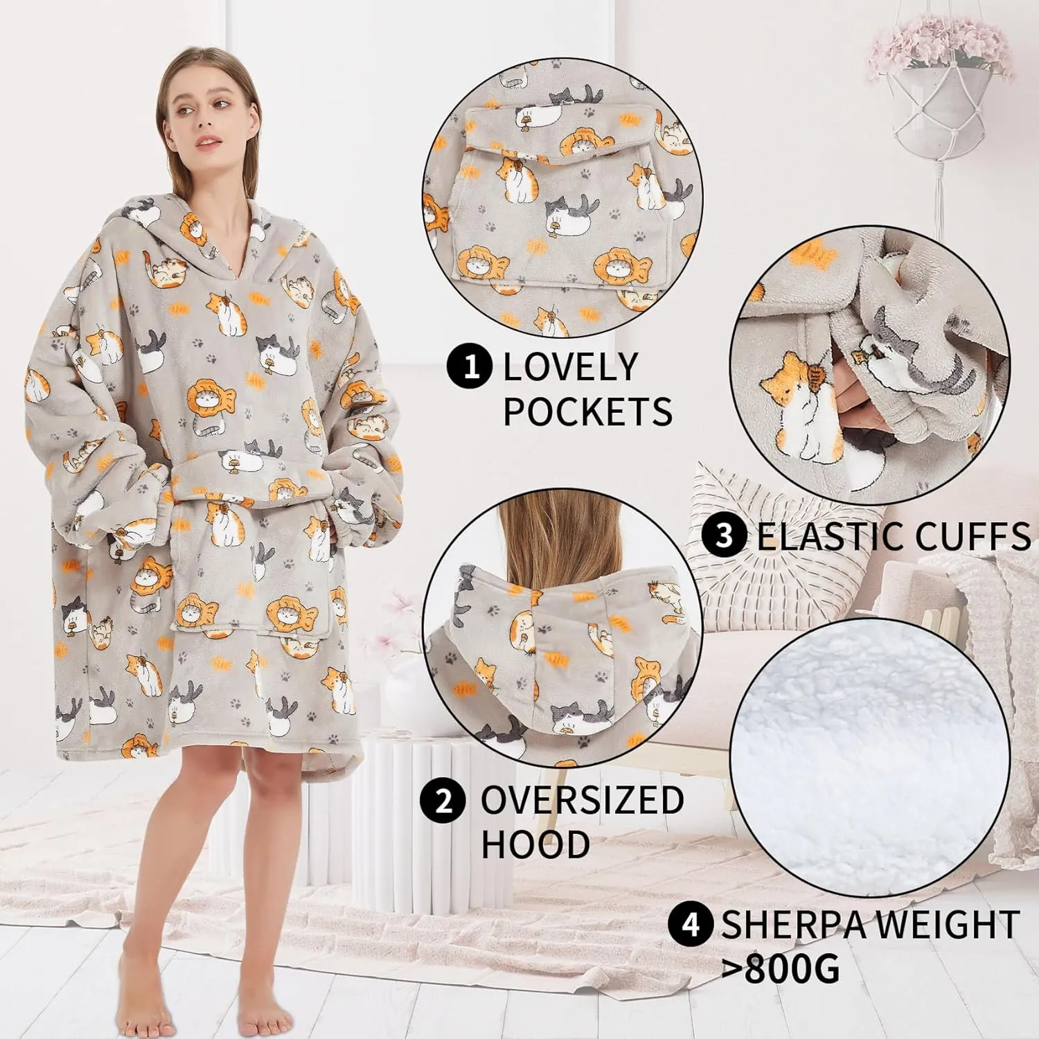 Fiosnow Cat Blanket Hoodies for Women and Men Adult Oversize Wearable Blanket Hoodies for Soft and Warm