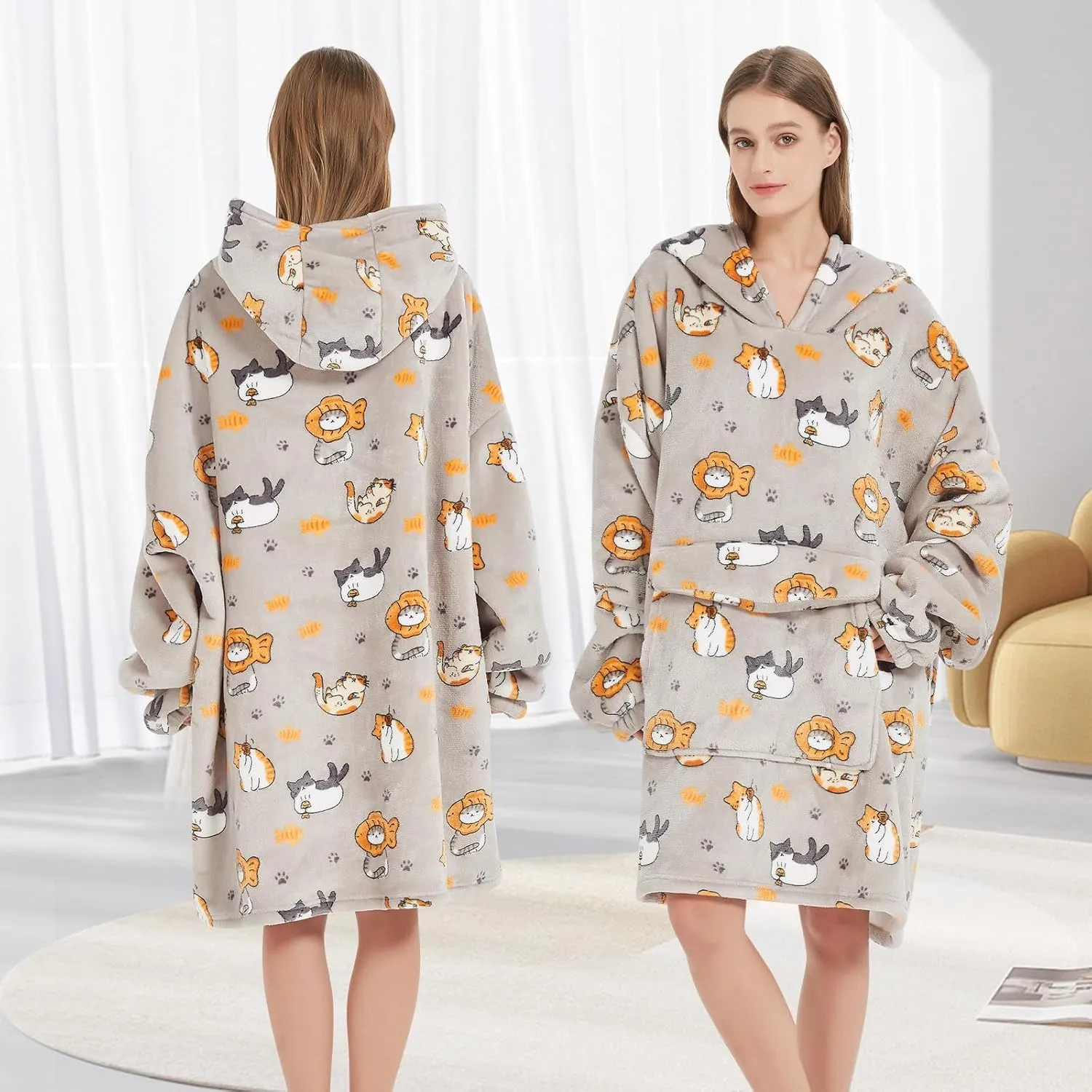 Fiosnow Cat Blanket Hoodies for Women and Men Adult Oversize Wearable Blanket Hoodies for Soft and Warm