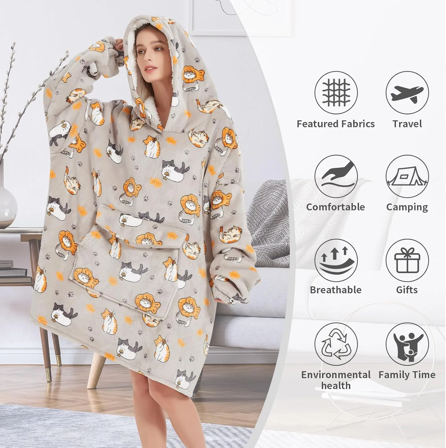 Fiosnow Cat Blanket Hoodies for Women and Men Adult Oversize Wearable Blanket Hoodies for Soft and Warm