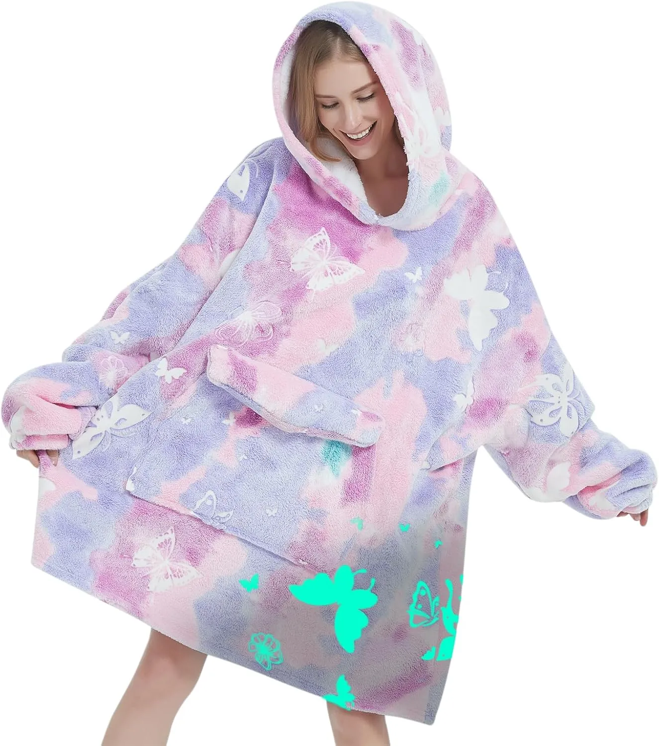 Fiosnow Glow in the Dark Butterfly Blanket Hoodies for Women and Men Adult Oversize Wearable Blanket Hoodies for Soft and Warm