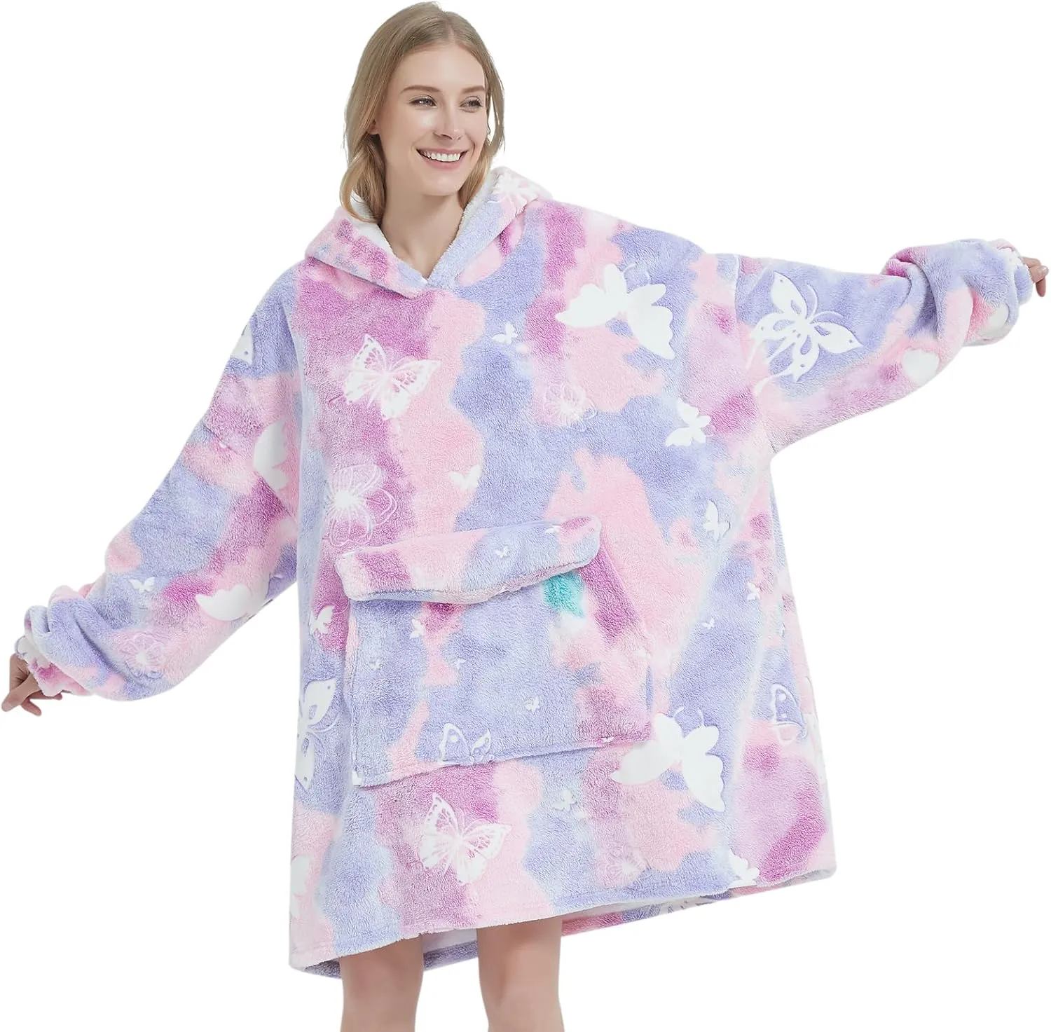 Fiosnow Glow in the Dark Butterfly Blanket Hoodies for Women and Men Adult Oversize Wearable Blanket Hoodies for Soft and Warm