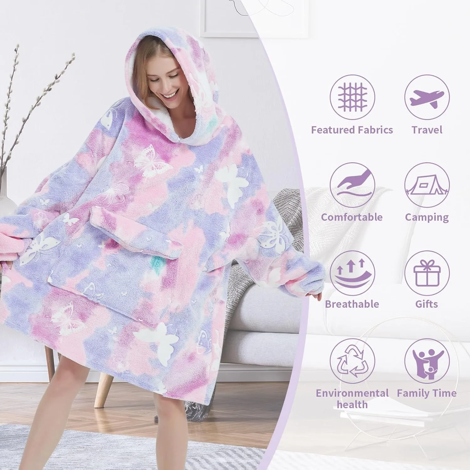 Fiosnow Glow in the Dark Butterfly Blanket Hoodies for Women and Men Adult Oversize Wearable Blanket Hoodies for Soft and Warm