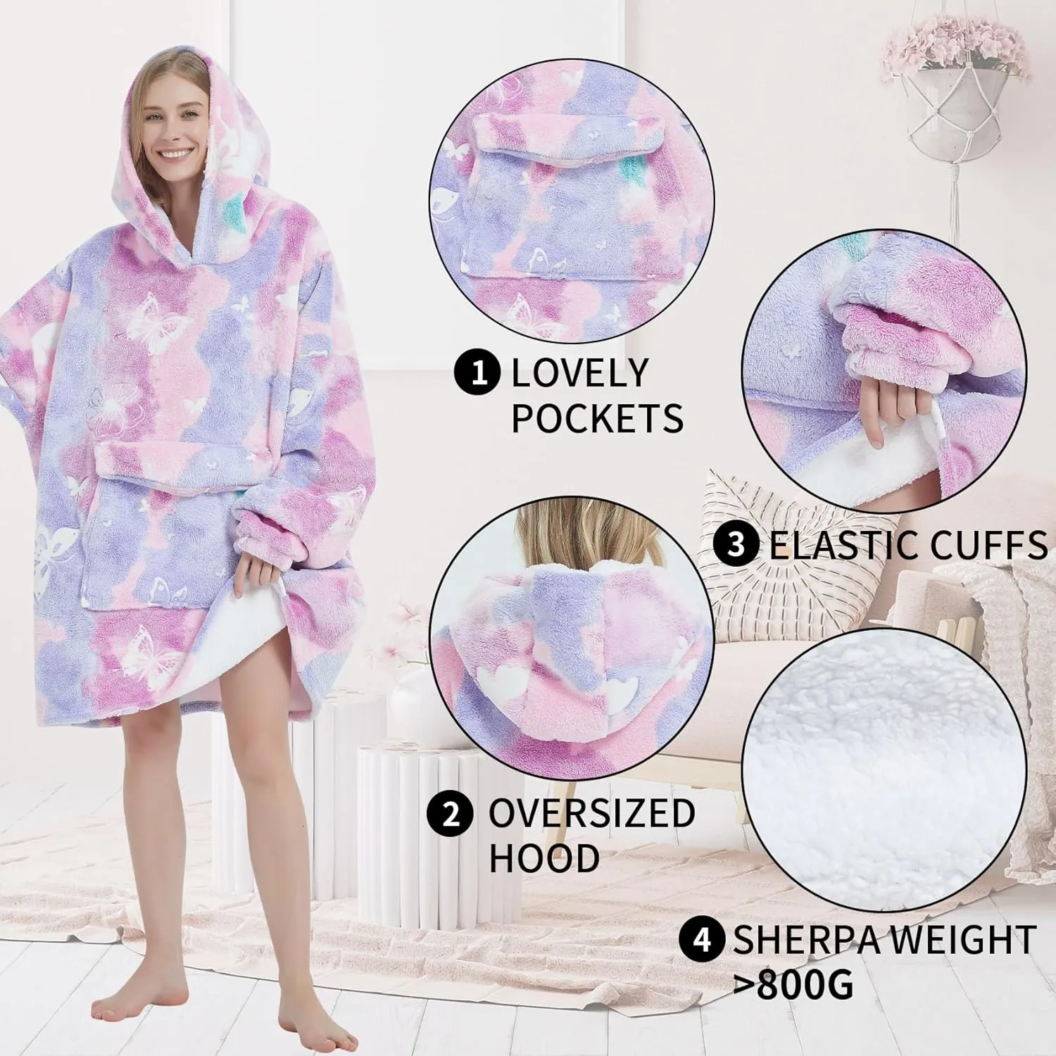Fiosnow Glow in the Dark Butterfly Blanket Hoodies for Women and Men Adult Oversize Wearable Blanket Hoodies for Soft and Warm