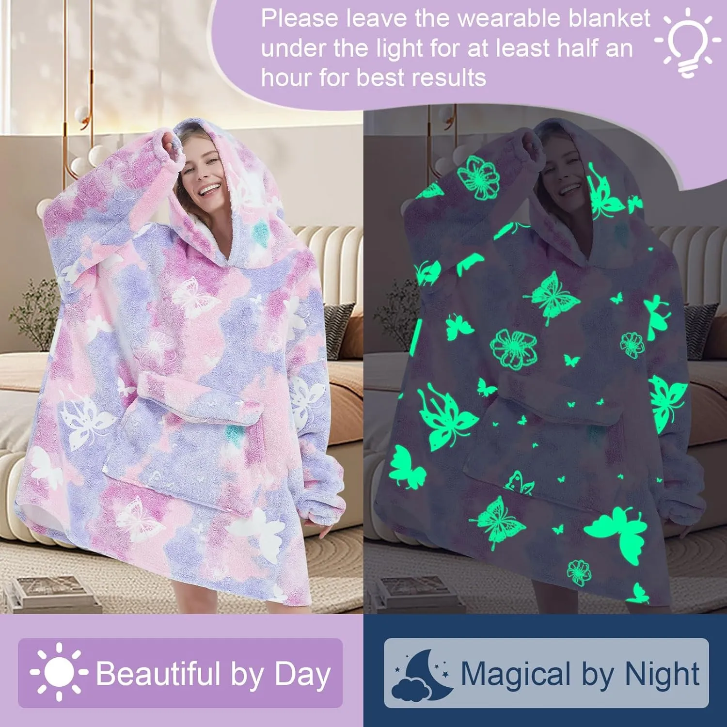 Fiosnow Glow in the Dark Butterfly Blanket Hoodies for Women and Men Adult Oversize Wearable Blanket Hoodies for Soft and Warm