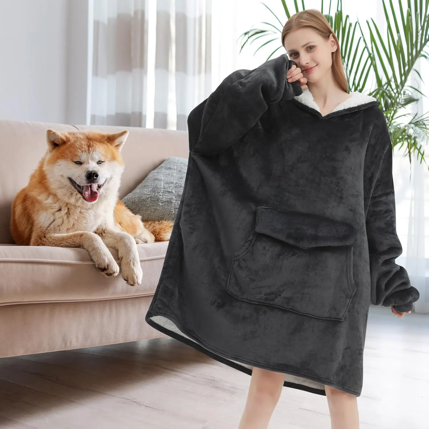 Fiosnow Grey Blanket Hoodies for Women and Men Adult Oversize Wearable Blanket Hoodies for Soft and Warm