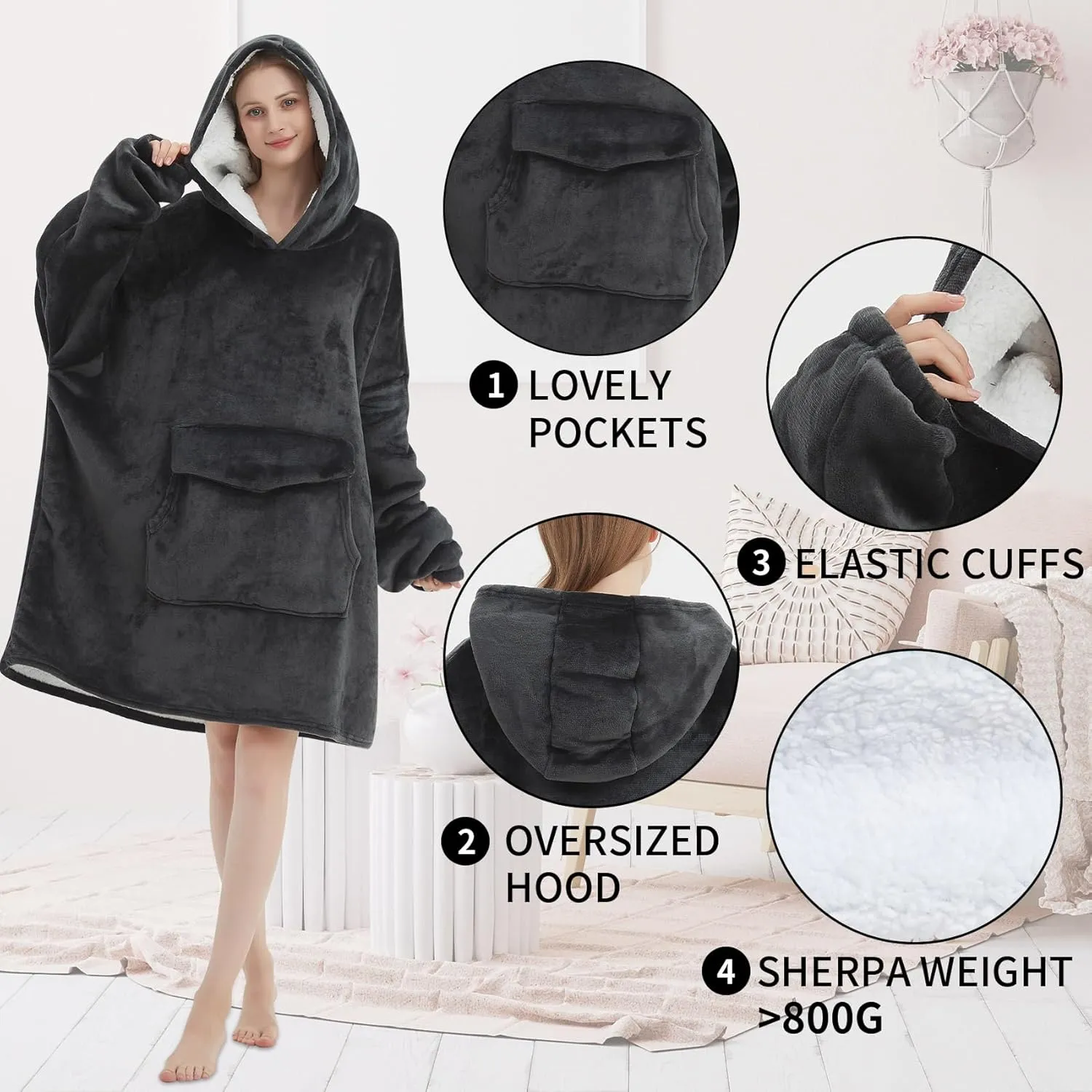 Fiosnow Grey Blanket Hoodies for Women and Men Adult Oversize Wearable Blanket Hoodies for Soft and Warm