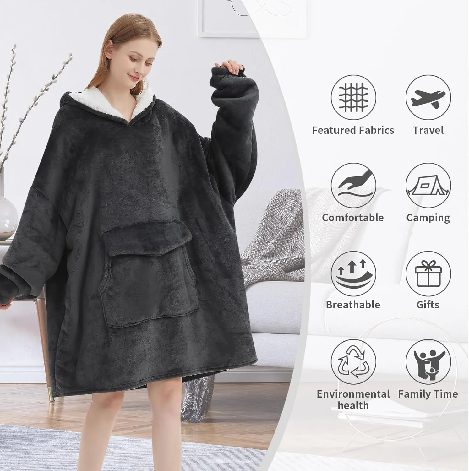 Fiosnow Grey Blanket Hoodies for Women and Men Adult Oversize Wearable Blanket Hoodies for Soft and Warm