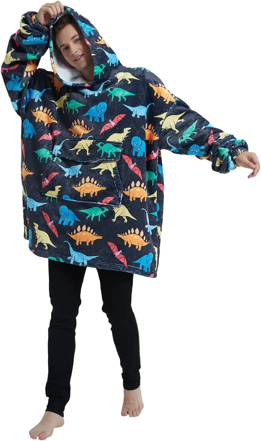 Fiosnow Multidinosaur Blanket Hoodies for Women and Men Adult Oversize Wearable Blanket Hoodies for Soft and Warm