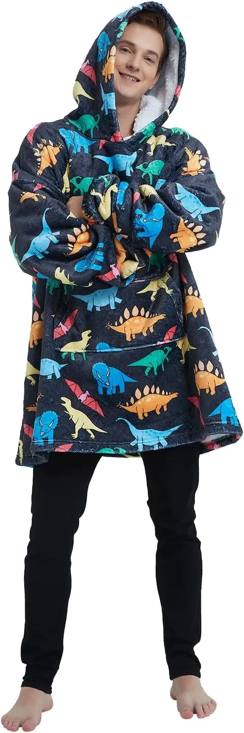 Fiosnow Multidinosaur Blanket Hoodies for Women and Men Adult Oversize Wearable Blanket Hoodies for Soft and Warm