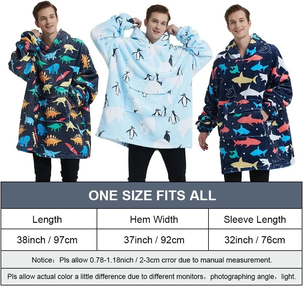 Fiosnow Multidinosaur Blanket Hoodies for Women and Men Adult Oversize Wearable Blanket Hoodies for Soft and Warm