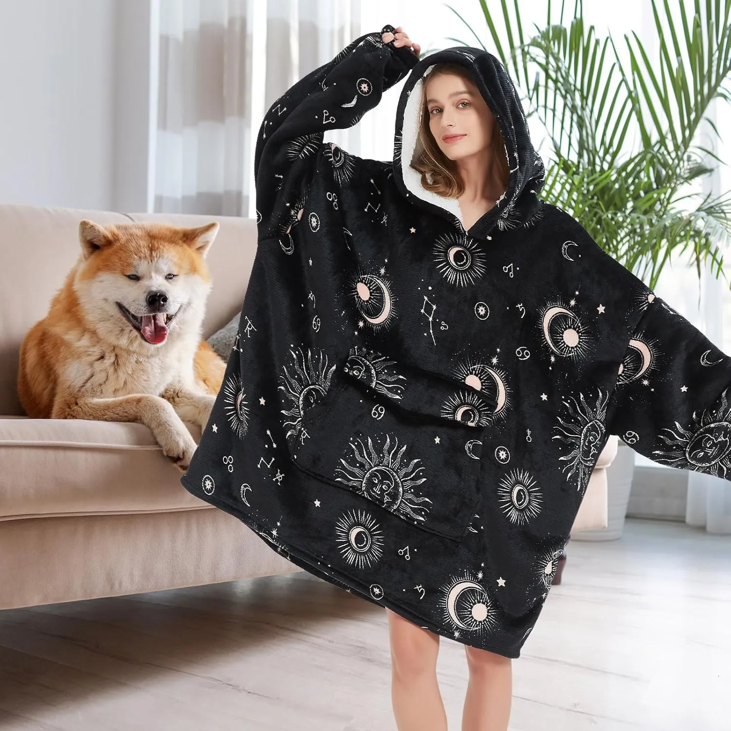 Fiosnow Sun and Moon Blanket Hoodies for Women and Men Adult Oversize Wearable Blanket Hoodies for Soft and Warm