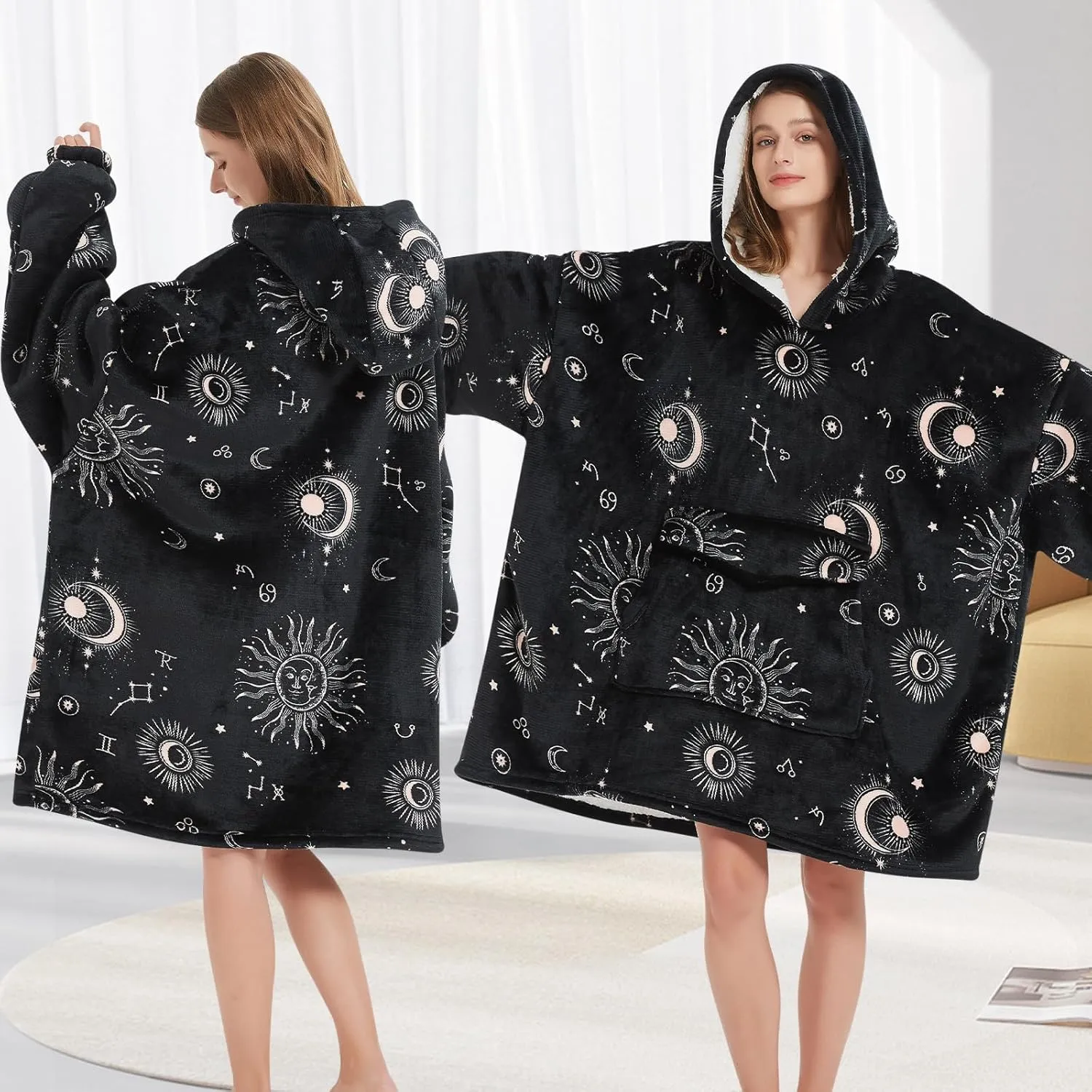 Fiosnow Sun and Moon Blanket Hoodies for Women and Men Adult Oversize Wearable Blanket Hoodies for Soft and Warm