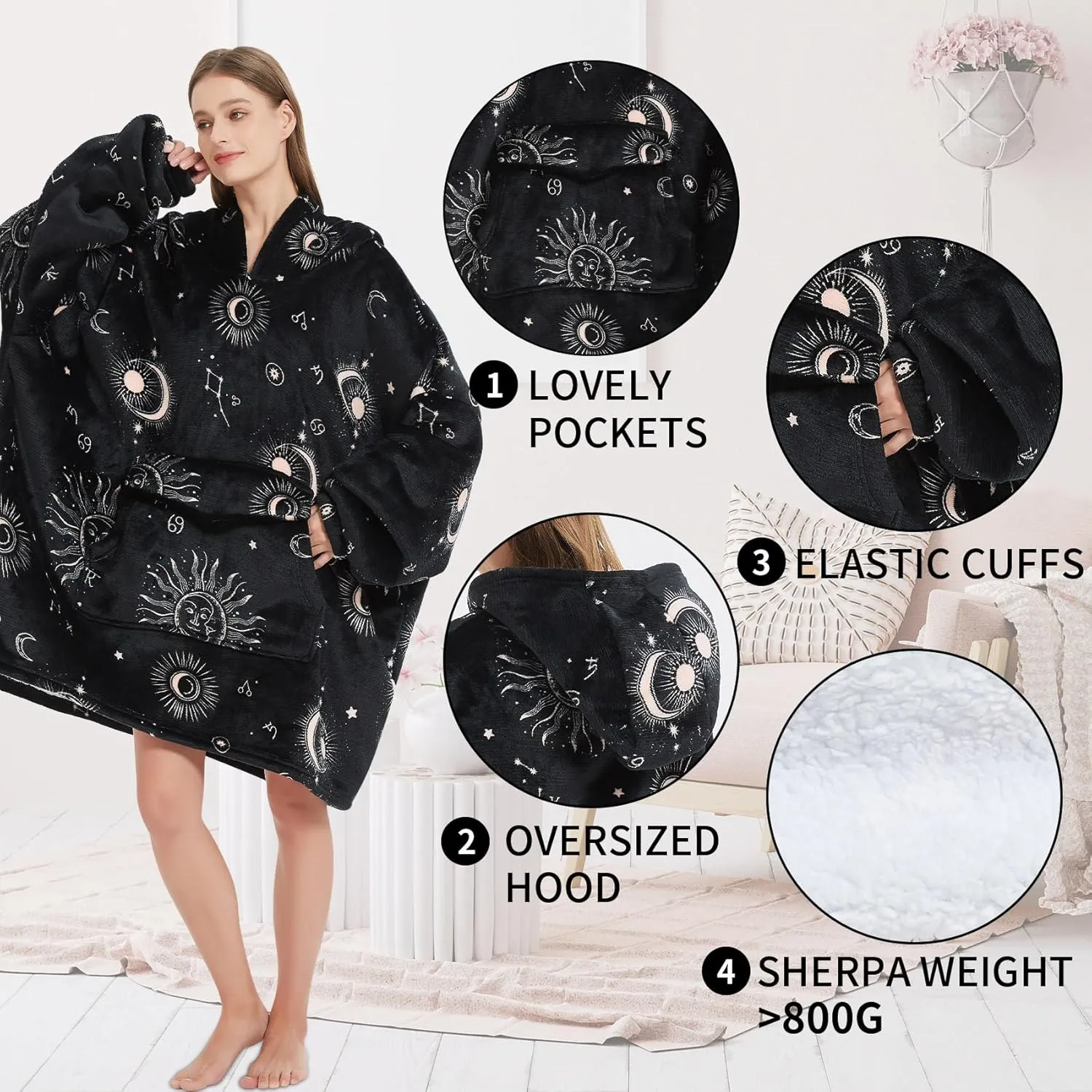 Fiosnow Sun and Moon Blanket Hoodies for Women and Men Adult Oversize Wearable Blanket Hoodies for Soft and Warm