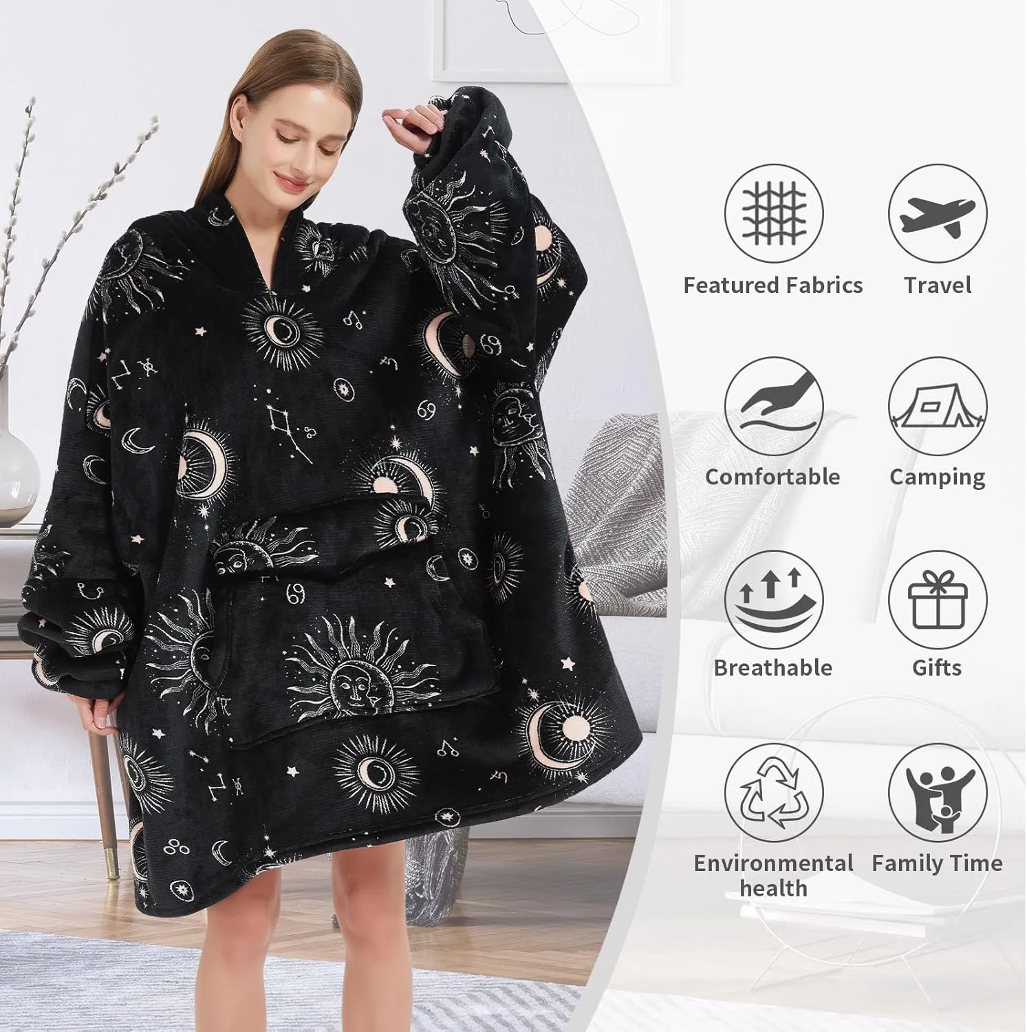 Fiosnow Sun and Moon Blanket Hoodies for Women and Men Adult Oversize Wearable Blanket Hoodies for Soft and Warm
