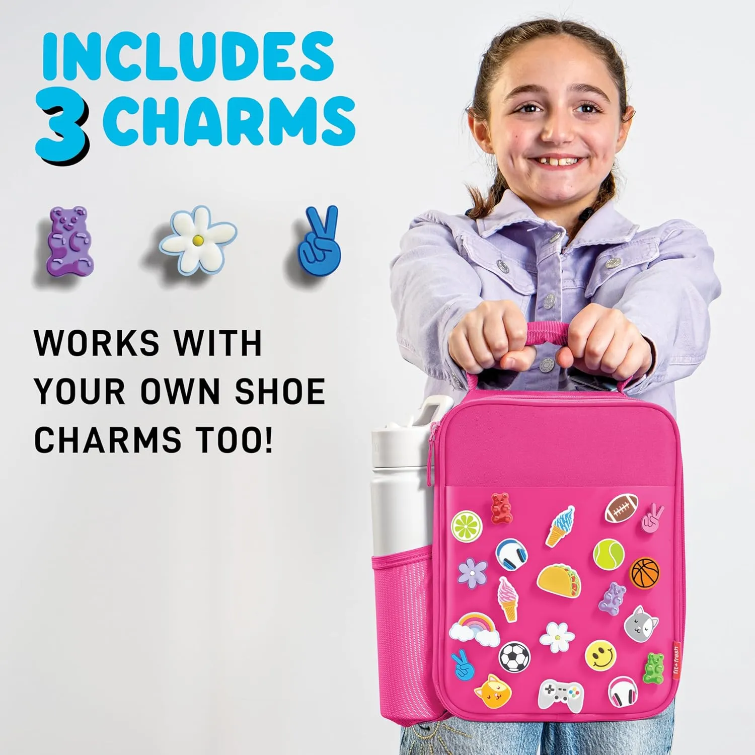 Fit & Fresh Charm Lunch Bag For Kids, Thermal Insulated Lunch Box For Kids Boys & Girls With Shoe Charm Slots For Personalization, School Lunch Box, Pink