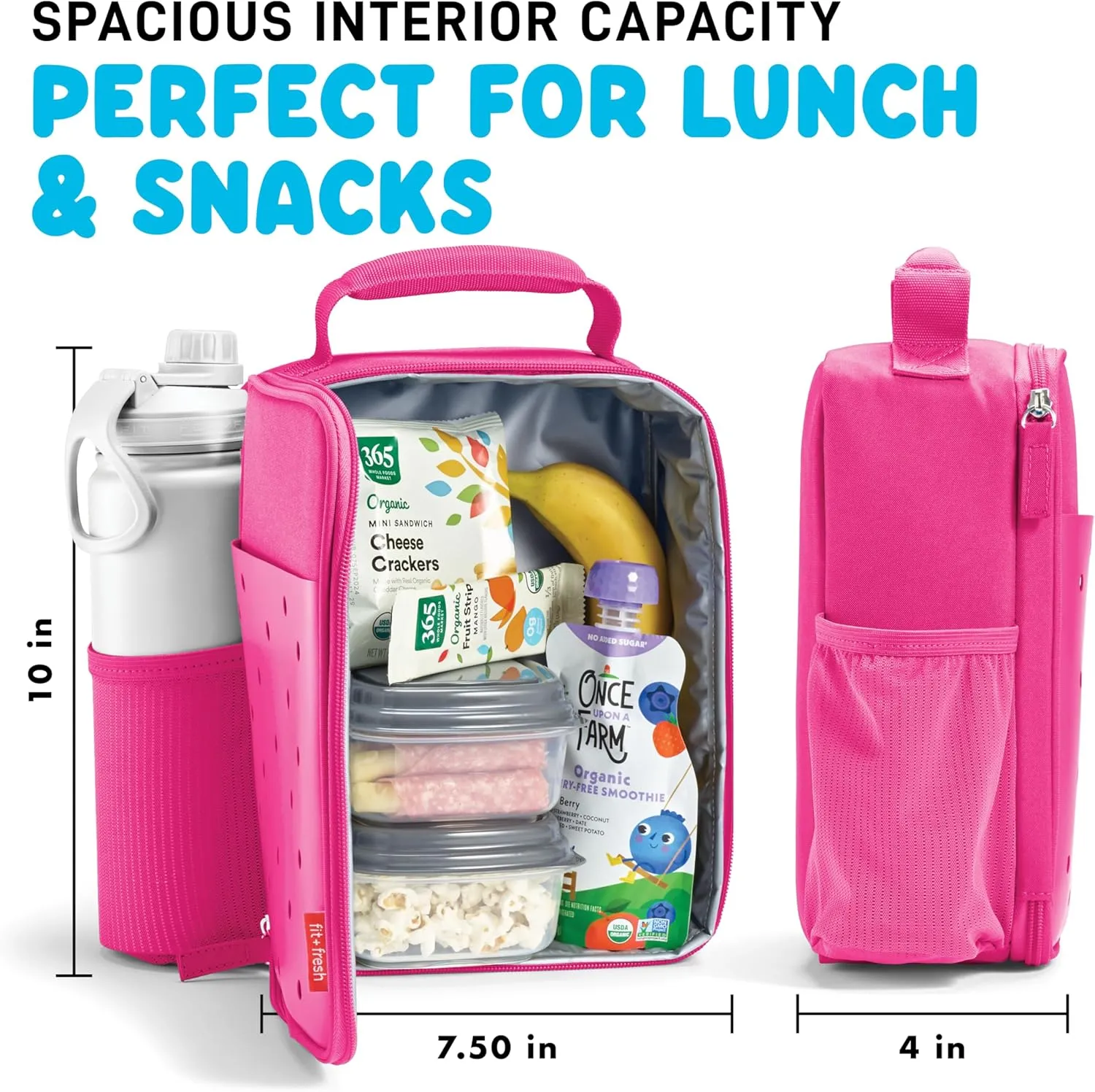 Fit & Fresh Charm Lunch Bag For Kids, Thermal Insulated Lunch Box For Kids Boys & Girls With Shoe Charm Slots For Personalization, School Lunch Box, Pink