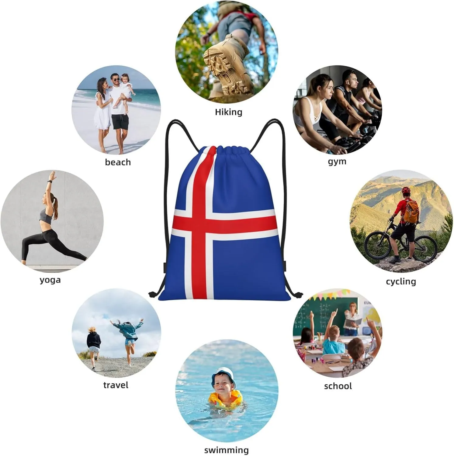 Flag of Iceland print Sports Drawstring Backpack String Swim Gym Bag for Women and Men Small Gym Bag