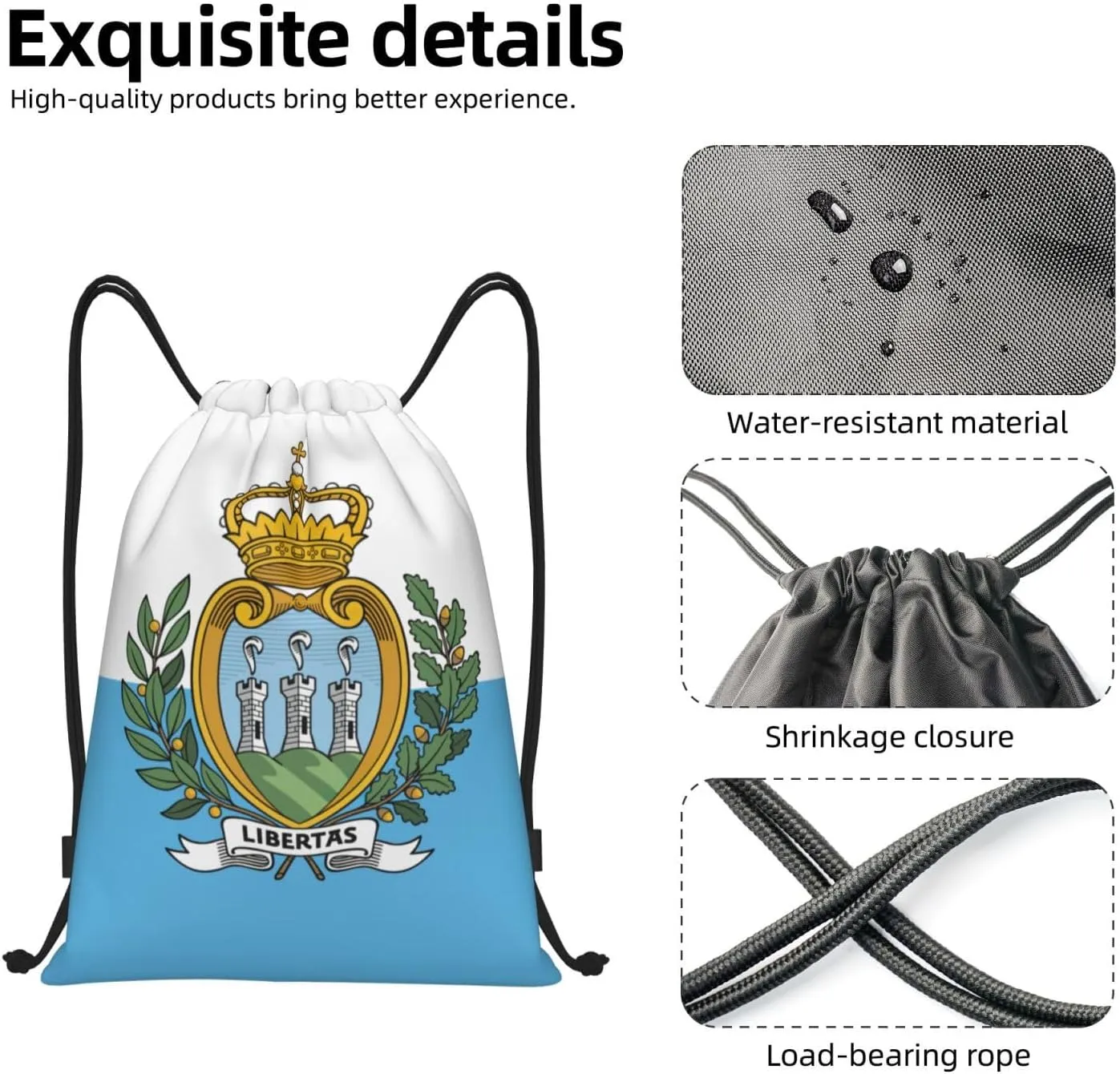 Flag Of San Marino Print Drawstring Backpack Foldable Draw String Back Bag For Shopping Sport Yoga Travel.
