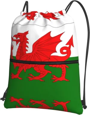 Flag of Wales Water-Resistant Zipper Drawstring Backpack for Gym/Yoga/Travel - Lightweight Foldable 15.3x18 Sports Bag w/Multiple Pockets