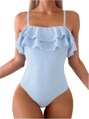 Floerns Women's One Piece Swimsuit Ruffle Trim Striped Print Monokini Swimwear