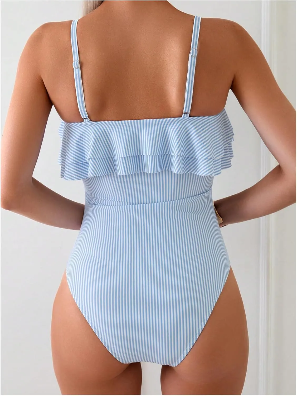 Floerns Women's One Piece Swimsuit Ruffle Trim Striped Print Monokini Swimwear