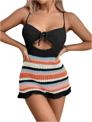 Floerns Women's Striped Tie Front Lace Up Back Crochet Knit Dress Beach Cover Up Dress
