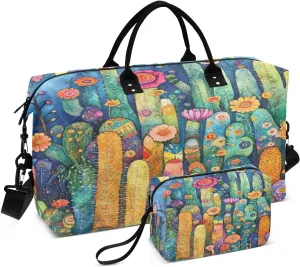 Floral Cactus Garden Sports Gym Bag for Women Men Travel Duffel Bag Weekend Overnight Carry on Bag with Toiletry Bag Hospital Bag for Workout Swimming Yoga Plane