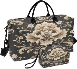 Floral Damask Motif Black Sports Gym Bag for Women Men Travel Duffel Bag Weekend Overnight Carry on Bag with Toiletry Bag Hospital Bag for Swimming Yoga Workout Hospital Plane