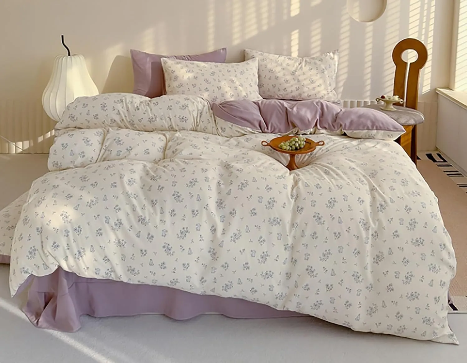 Floral Duvet Cover Set Full Size for All Season,Ultra Soft Breathable Cartoon Animal Pattern Comforter Cover,4Pcs Cozy Reversible Bed Cover with Zipper Closure(Purple B,Twin(3pcs))