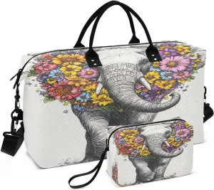 Floral Elephant Sketch White Sports Gym Bag for Women Men Travel Duffel Bag Weekend Overnight Carry on Bag with Toiletry Bag Air Travel Bag for Hospital Plane Swimming Yoga Workout
