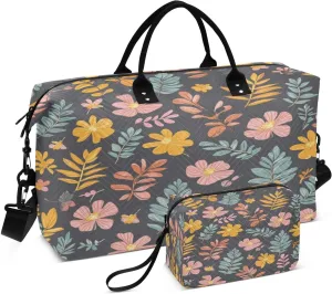 Floral Leaves Charcoal Sports Gym Bag for Women Men Travel Duffel Bag Weekend Overnight Carry on Bag with Toiletry Bag for Plane Swimming Yoga