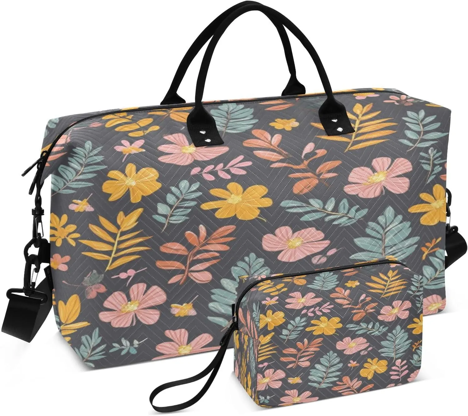 Floral Leaves Charcoal Sports Gym Bag for Women Men Travel Duffel Bag Weekend Overnight Carry on Bag with Toiletry Bag for Plane Swimming Yoga