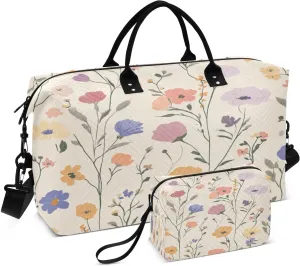 Floral Meadow Herbs Beige Sports Gym Bag for Women Men Travel Duffel Bag Weekend Overnight Carry on Bag with Toiletry Bag Yoga Bag for Plane Hospital Workout Swimming Yoga