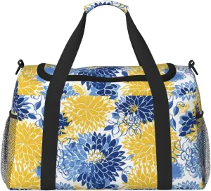 Flower Blue And Yellow Travel Weekender Overnight Bags Foldable Hand Travel Bag Sport Gym Duffel Bag For Men Women