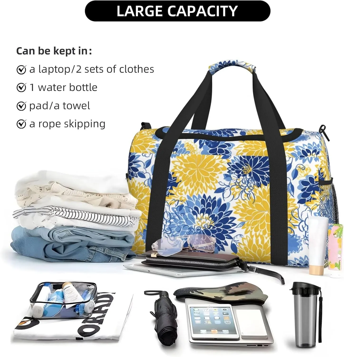 Flower Blue And Yellow Travel Weekender Overnight Bags Foldable Hand Travel Bag Sport Gym Duffel Bag For Men Women