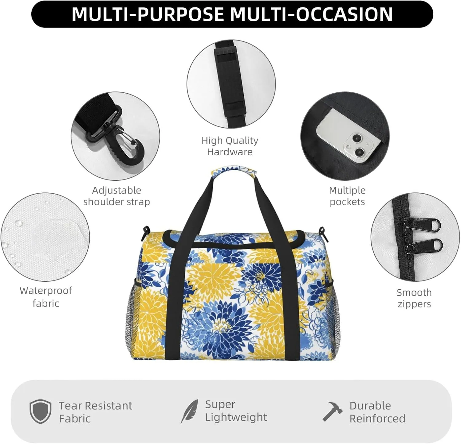 Flower Blue And Yellow Travel Weekender Overnight Bags Foldable Hand Travel Bag Sport Gym Duffel Bag For Men Women