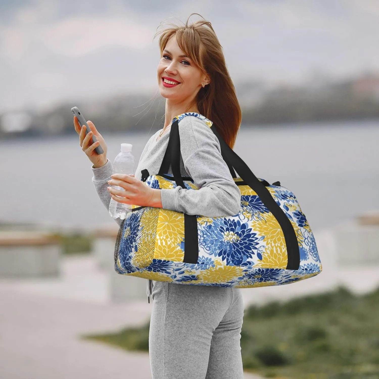 Flower Blue And Yellow Travel Weekender Overnight Bags Foldable Hand Travel Bag Sport Gym Duffel Bag For Men Women