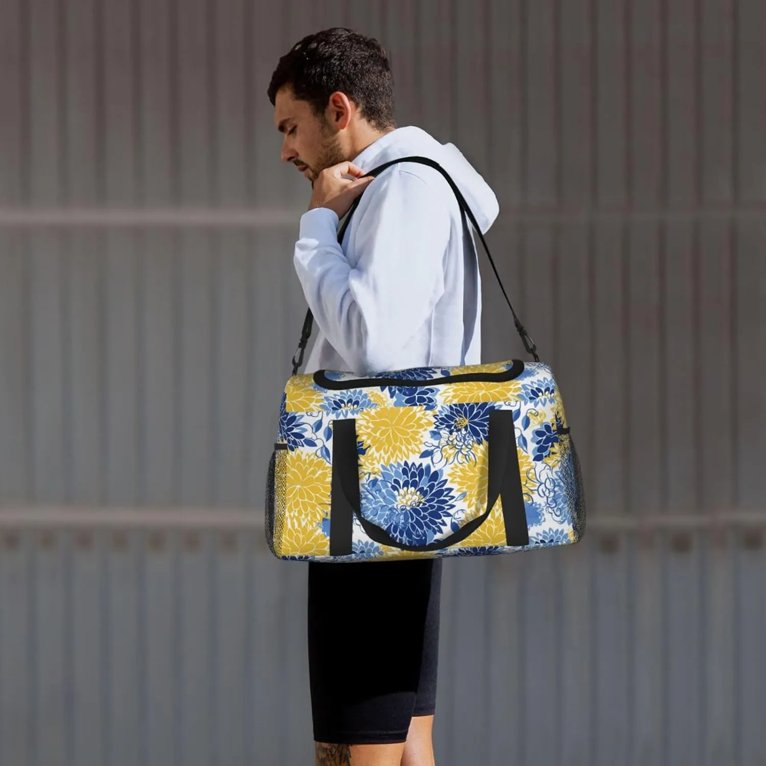 Flower Blue And Yellow Travel Weekender Overnight Bags Foldable Hand Travel Bag Sport Gym Duffel Bag For Men Women