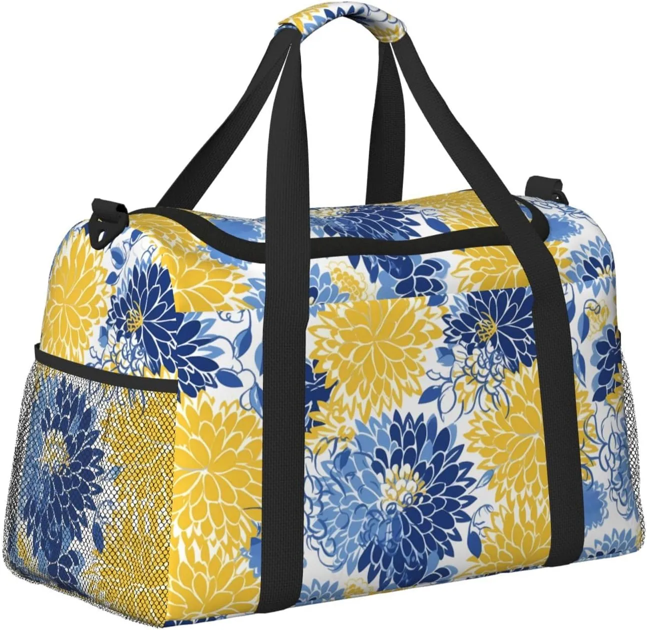 Flower Blue And Yellow Travel Weekender Overnight Bags Foldable Hand Travel Bag Sport Gym Duffel Bag For Men Women