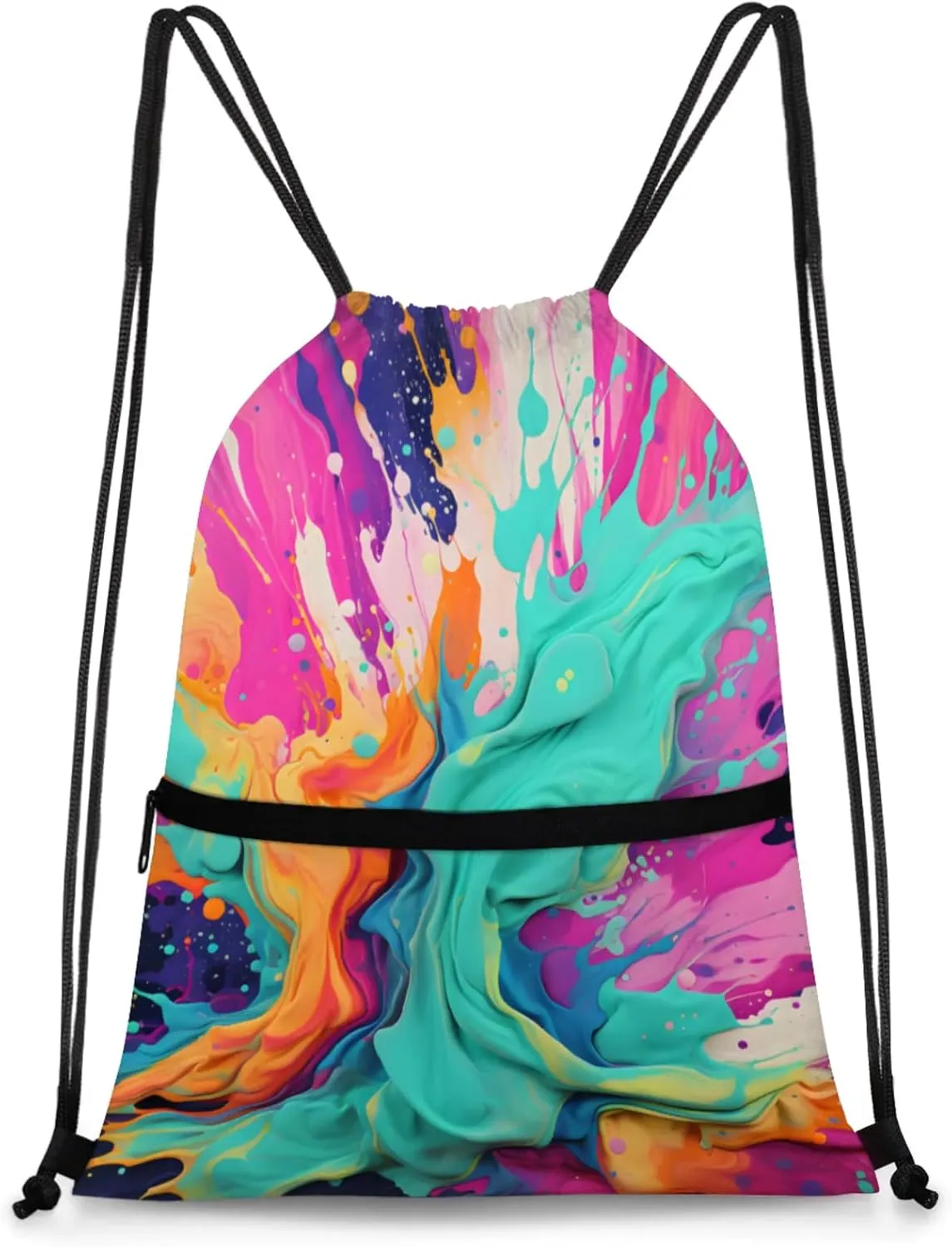 Fluid Art Fusion Polyester Drawstring Bag with Zipper Pocket, 18x14 Inch Water-Resistant Gym Sack String Backpack for Sports, Travel, Camping